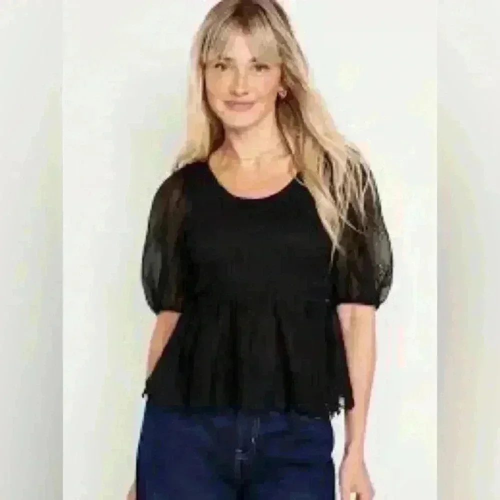 NWT Old Navy Chiffon Smocked Puffed Sleeve Top ~ Black ~ XL